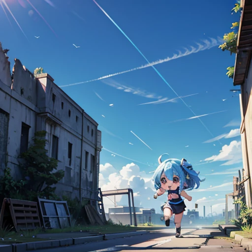 Chibi Character,running,blue sky,tears,ruins, 