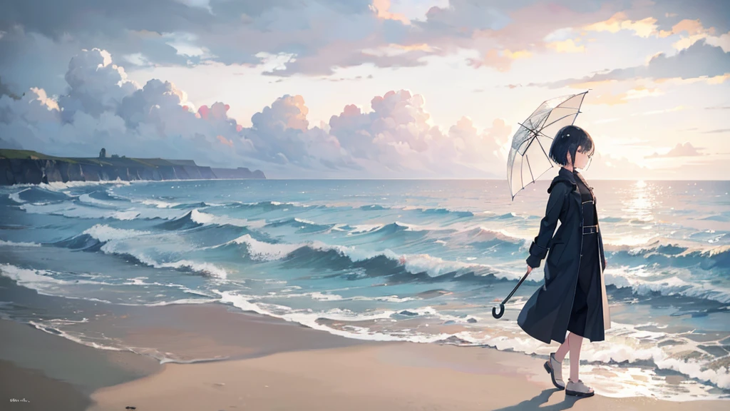 A calm scene featuring a young woman with a pixie haircut, walking along a deserted beach. She’s wearing a long trench coat and holding an umbrella, with the wind gently blowing. The rain softly patters on the sand, creating a delicate, soothing sound. The sky is overcast, and the waves roll in softly, creating a serene, monochromatic landscape. She looks out to sea, her expression peaceful and contemplative, enjoying the solitude and