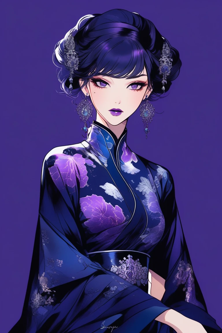 (Best quality, sketch:1.2),realistic,illustrator,anime,1 girl, detailed lips, kimono,custom, bad women, details, Black and toxic gradient background,neon hair,Textured trim, masterpiece, retro classic style, female mannequin close up, Sexy dress, silk dress, mercury dress, Astral dress, beautiful silky dress, Sexy dress, dark dress, Dark purple clothing, revealing stylish dress, dark Astral dress, soft silk dress, elegant navy blue dress, stylish dark dress, airbrush dark dress, fantasy dress, Baroque dress, extravagant dress