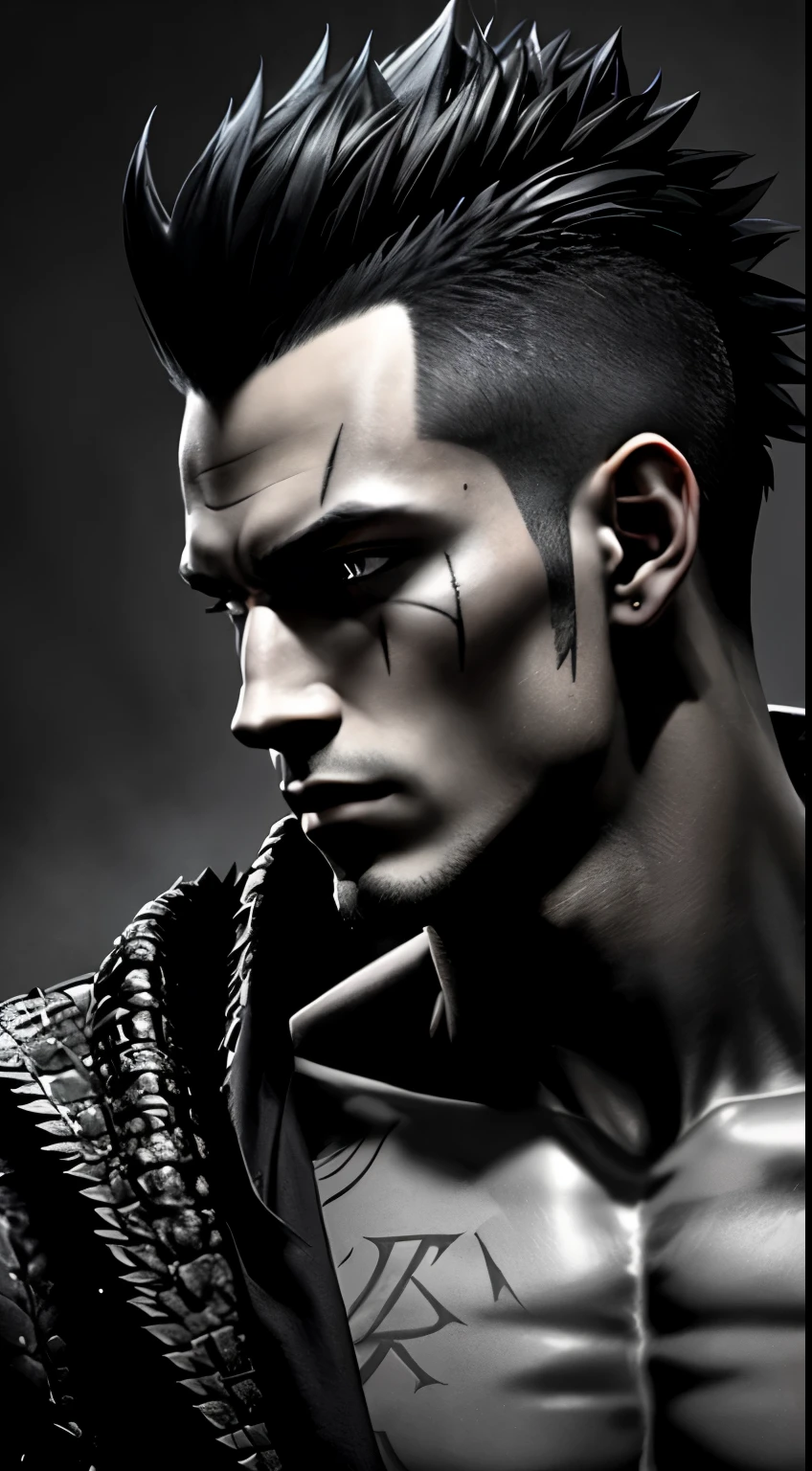 man with mohawk on black background, The Dark Pit, drawn in photoshop, Profile shot, The Sandman from the graphic novel, handsome guy in demon slayer art, Supergiant Aida, Dark, But detailed digital art, The Devil Man, dark and creepy character, human-male-demon, Berserk in artistic style, high quality portrait, man with a halo