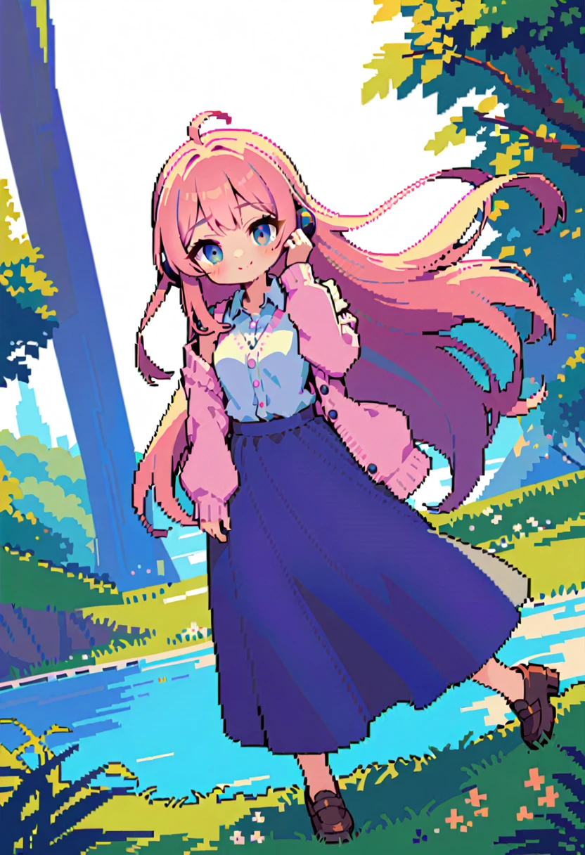 masterpiece, Highest quality, 8k, Pixel art, Pixel art, Vivid, woman, 若いwoman, smile, cute, Directed at an angle, Open your mouth, Fluffy hair, Long Hair, sheepの毛のような髪, Pink Hair, eyebrow, 太いeyebrow, one piece, Pink clothes, Long skirt, Spread your wings, cardigan, 水色のcardigan, shoes, 茶色いshoes, grassland, ((sheep, もこもこのsheep, 大きいsheep, sheepの背に女の子が乗っている)), sheepの群れ