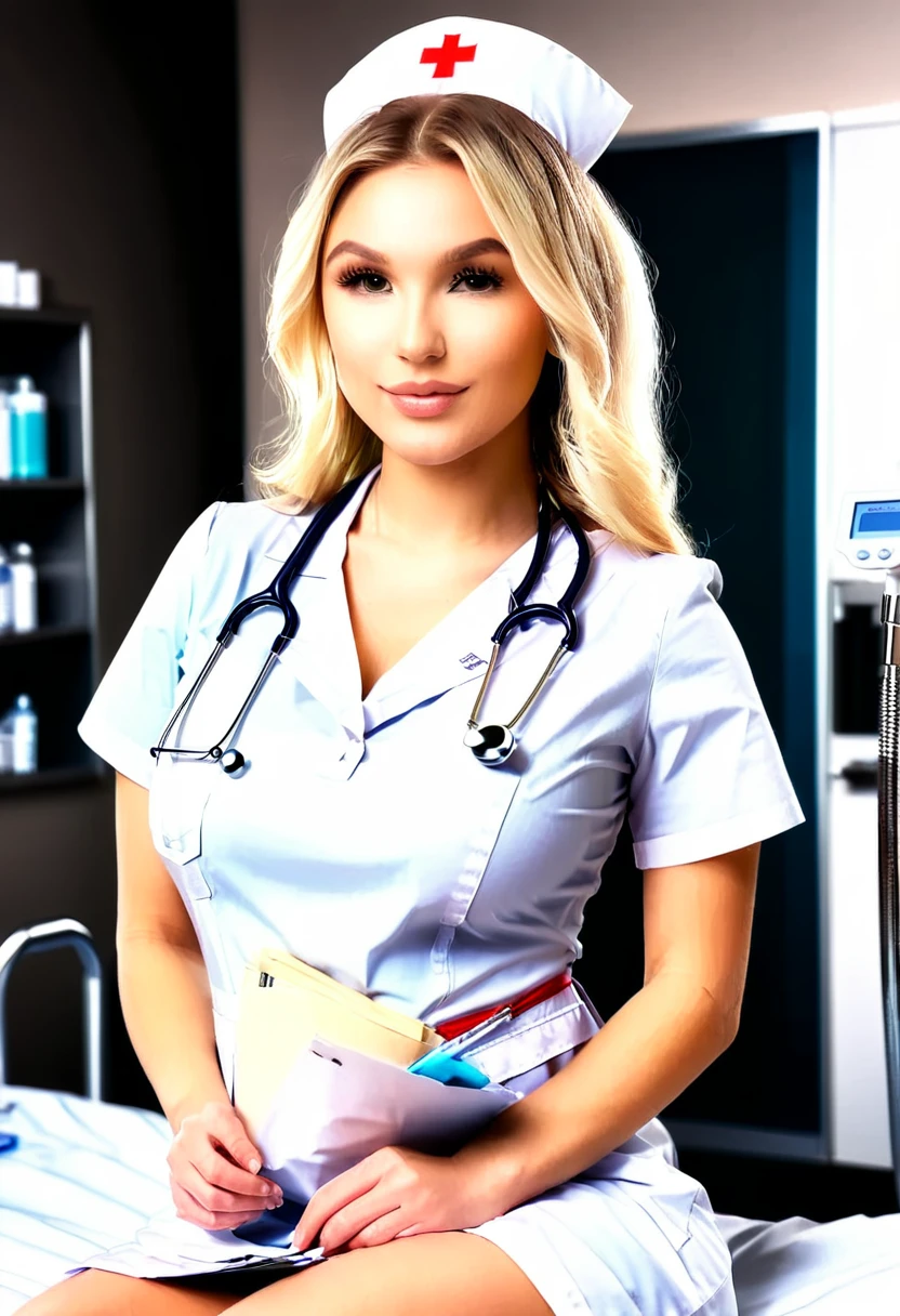 ((Best resolution)), ((high quality:1.2)), Work of art, 8k, extremely detailed, ((High detail:1.2)), (HotLexi woman), Solo, 24 year old italian blonde female, (nurse), (beautiful perfect face:1.23),