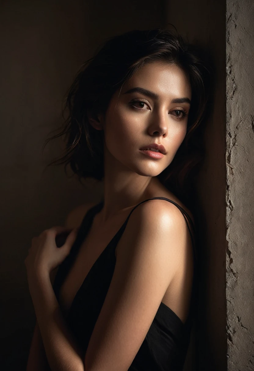 woman bathed in soft light, leaning against a wall, looking into the camera in a moment of raw emotion. Her attire is minimal, accentuating her beauty with the dramatic shadows cast by the lighting. The background is stark, with sharp contrasts highlighting the contours of her form. The red and black palette intensifies the mood, evoking a sense of mystery and allure. Subtle film grain and meticulous shading add depth and texture, emphasizing the emotional gravity of the scene. The lighting creates a chiaroscuro effect, accentuating her expressive pose and the intense atmosphere.
