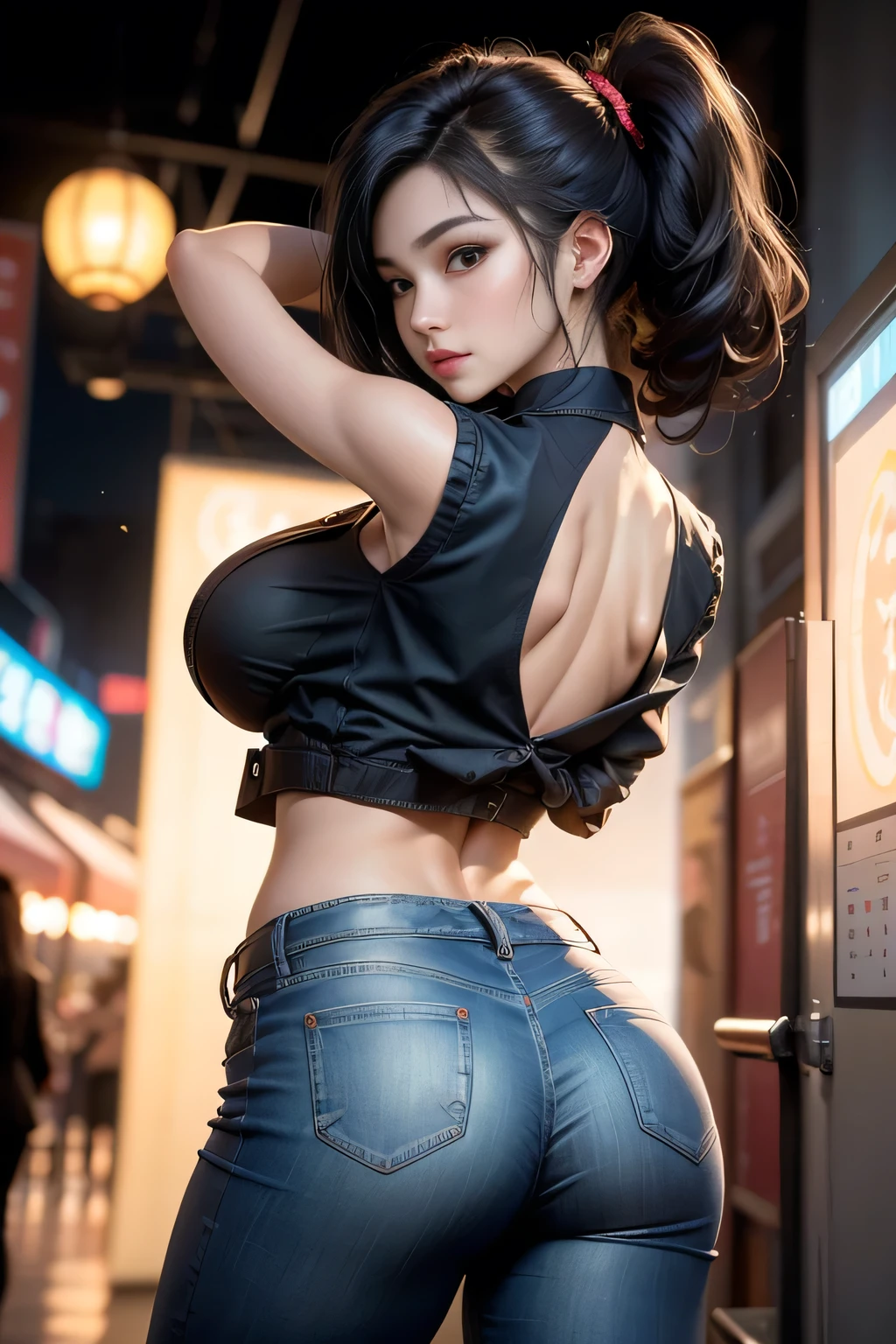 sfw, High resolution, Photo details of beautiful women_Face, Young handsome girl,Realistic:0.5, Perfect Skin, , ((from behind:1.5)), (hyper detailed background, Detailed background), Bokeh, make happy expressions, Happy emotions, Gorgeous,pure, beautiful detailed face and eyes,breasts, (Black eyes:1.1), (Very pretty and beautiful Japan woman), (Sexy Girl), (professional attire:1.3), (22 years old: 1.1), BREAK, (Nice costumes:1.2), (Detailed blue collar shirt:1.2), (Skinny denim pants:1.2), (Leather boots))), cleavage, Beautiful detailed skin, (Cute:1.2), (Black hair), ((JPOP Idol)), (upper thigh:0.6), (depth of fields),Soft light, Lensglow staring at the viewer, (drooping eyes:1.2), Straight teeth,Smile, Floating hair, (Black hair:1.2), Brown eyes break movie scenes, Cinematic, fulcolor, 4K, 8K, 16 K, Raw photo, masutepiece, professionally color graded, Professional Photography, High School Girl, Hair UP, , soft clean focus, Realistic lighting and shading, (an extremely delicate and beautiful art)1.3, Elegant,Active Angle,Dynamism Pose Break (Ponytail:1.3), (shiny black fine hair:1.2), Bangs, dark brown eyes, Beautiful eyes, Princess Eyes, (Big eyes:1.3), Bangs, wears glasses:1.3, hair between eye, Short hair:1.3, (slender:1.1), (medium breasts:0.95), (thin waist: 1.15), (Detailed beautiful girl: 1.4), Parted lips, Red lips, Full makeup face, (Shiny skin), ((Perfect female body)), (Upper body image:1.3), Perfect Anatomy, Perfect proportions, (The faces of the most beautiful Korean actresses:1.3, Very cute and beautiful Japan actress face:1.3), ,(blush:1.1), Gray background, Solo Focus, (bustshot:1.2), Cinematic Light, (Nostalgic night view:1.4), (amusement park:1.4), (merry-go-round、the Ferris wheel、rollercoaster), (Raise your arms behind your head :1.4), (Looking at Viewer:1.2, wearing bra,((skinny waist)), young asian girl, ((big breasted)),