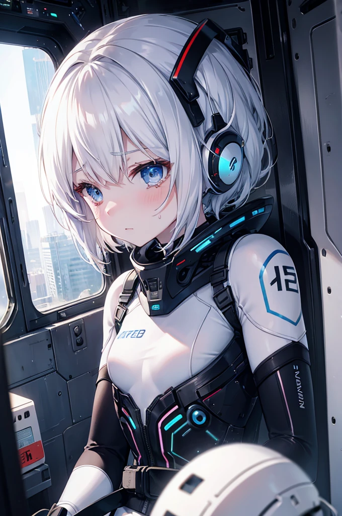 white skin, sad tears, sweat, android, operator suit, operator, cockpit, perfect anatomy, cg, girl, solo, teenage