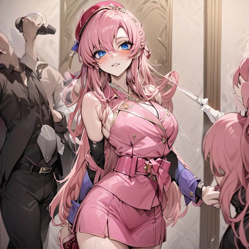 ((Highest quality)), ((masterpiece)), (detailed), （Perfect Face）、The woman is Lacus Clyne, a mafia girl with blue eyes, medium-long pink hair and gorgeous accessories.、She is being held close by the mafia boss