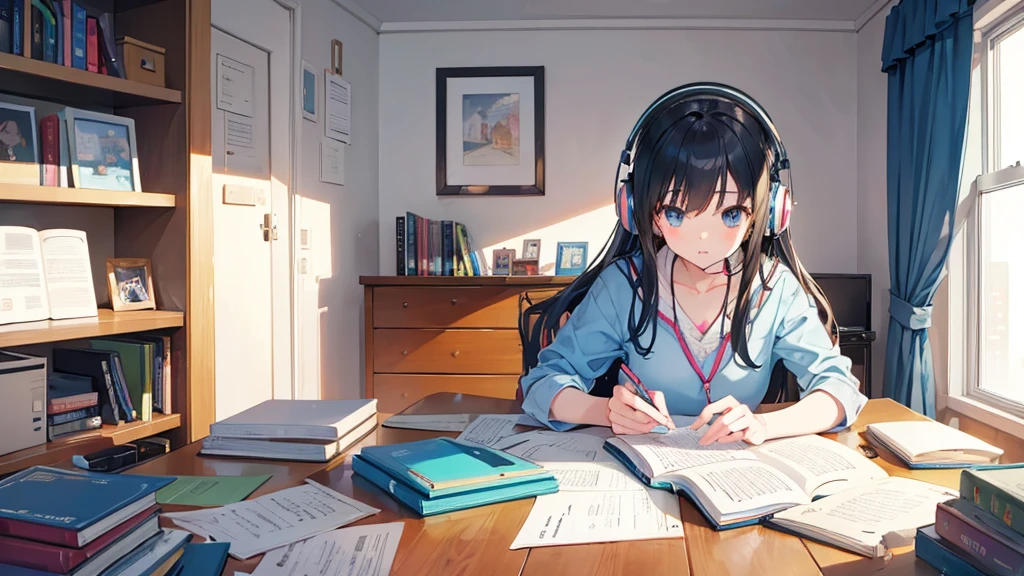 a cute girl studying while studying in her room desk with a book and a notebook while listening music with headphones on