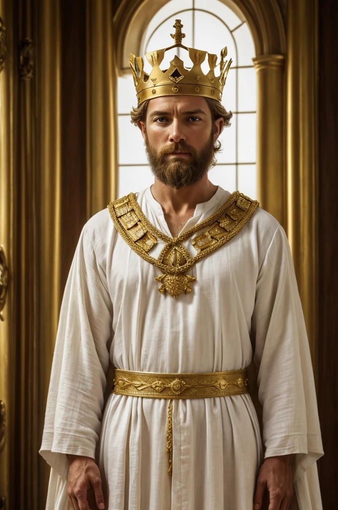 King David in all his splendor. He is dressed in a fine linen tunic, white, which symbolizes purity and justice, A realistic portrait of King David with a golden crown, seen from the front, film scene