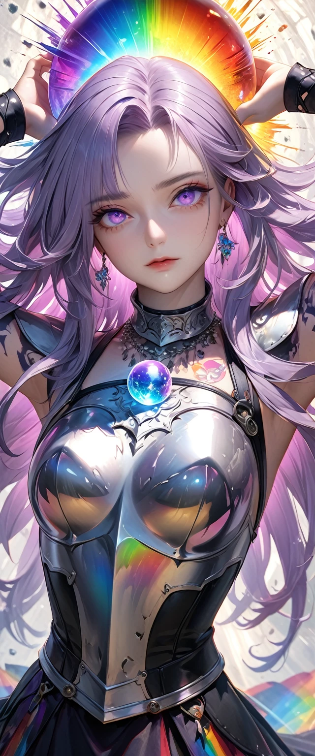 seamless image fusion, noble female knight, beautiful, sharp eyes, light purple straight hair, amorous and lewd face, cool and sadistic, make-up, wearing steel plated breastplate, long flowing skirt of layered leather, gorgeous hair necklace, choker, covered in tattoos, great proportion, put your hands behind your head, shading effects, gradation magic effects, (ultra detailed, absolutely resolution, best quality:1.3), 2.5D, delicate and dynamic, artistic photography, hyper realistic, graphic CG digital art, background transparent cracked crystal ball, rainbow colored cosmic rays