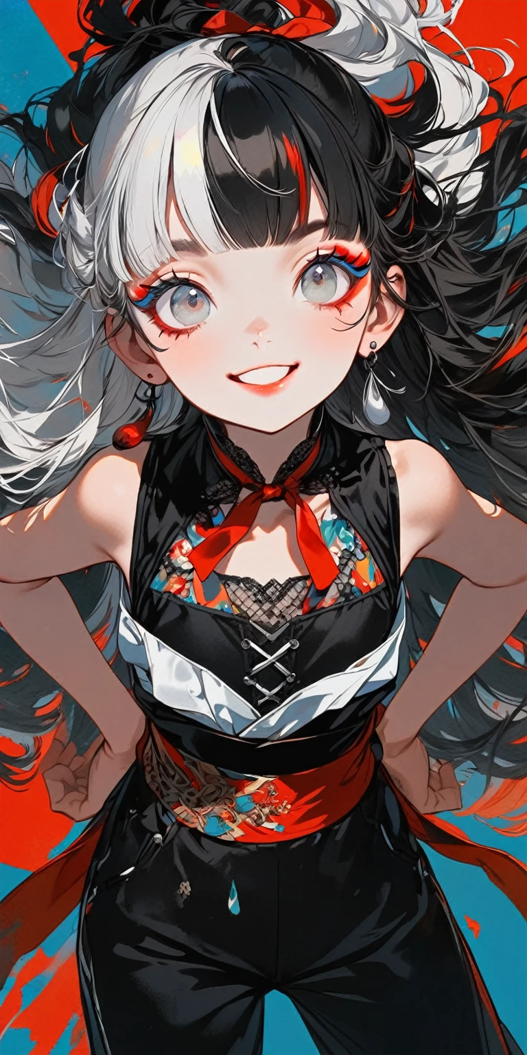1girl, solo, smile, standing with legs spread apart, hands on hips, flat chest, upper body bent forward, long hair, looking up, bangs, black hair, jewelry, full body, white hair, multicolored hair, earrings, black laced blouse, sleeveless, red bow tie, black short pants, blunt bangs, (two-tone hair), grey eyes, sash, makeup, eyeshadow, (split-color hair), portfolio, portrait, album cover