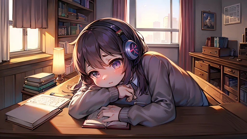 cute girl studying while studying in her room desk with a book and a notebook while listening music with headphones on