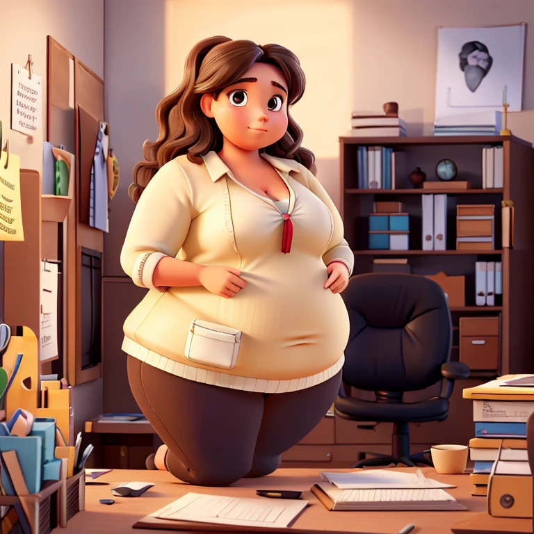25 year old woman, fat woman,light brunette, Wavy brown hair, shoulder height, brown dark eyes, bright and expressive, Brazilian, wide body, fat woman, with tight-fitting clothes, (((in the background a beautiful office)))