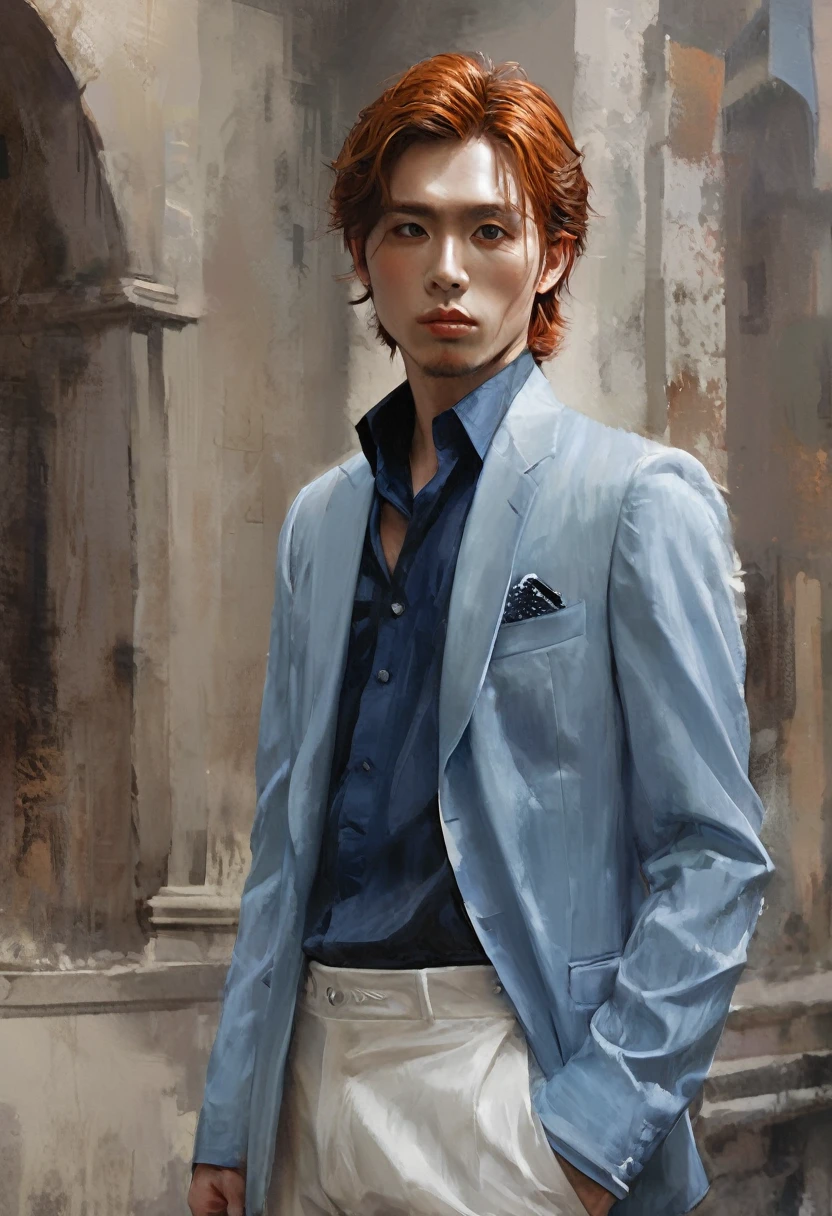 Realistic Digital Painting with Concept Art Elements"," digital painting," "concept art," "realistic," "high detail", "muscular",, "high-res", "ominous aura,", "8k resolution", "oil painting", "darker tone" , "little saturation" ,"dark feeling", "dirty art-style", "concept art" , "detailed features" , "detailed eyes" "1man" , "shoulder length ginger hair" , "sharp features" , "handsome" , "blue-eyes" , "long sleeve shirt" , "pants" , "smoking a cigarette" , "full body" , "toned body" , "dangerous looking" , "loose tie around neck" , "Adam's apple" , "masculine" , "extremely short beard" , " dark circles under eyes" , "boss"
