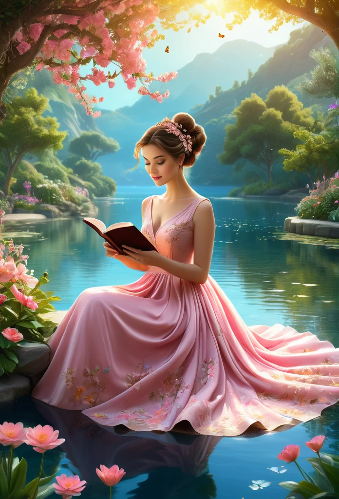 A captivating illustration of a stunning woman sitting gracefully in a serene and enchanting garden. She wears a delicate, elegant, flowing pink dress adorned with delicate floral patterns, and her hair is styled in an intricate bun. The woman is engrossed in a captivating book, her eyes filled with concentration and her expression serene. In the background is a sparkling lake surrounded by tall, leafy trees and a vibrant flower garden. Sunlight filters through the leaves, casting a magical golden glow on the scene. Delicate details such as fluttering butterflies and a variety of flowers add to the tranquil and mesmerizing atmosphere. This image would make a stunning photo, illustration, 3D rendering, poster, or cinematic backdrop., photo, illustration, poster, 3D rendering, cinematic