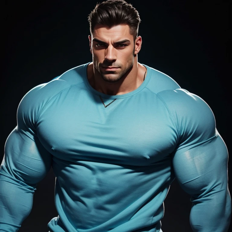 a very handsome, massively muscular man, with massively large muscles, with massively muscular body, with massively large biceps, wearing a simple light blue sweatshirt, on a black background