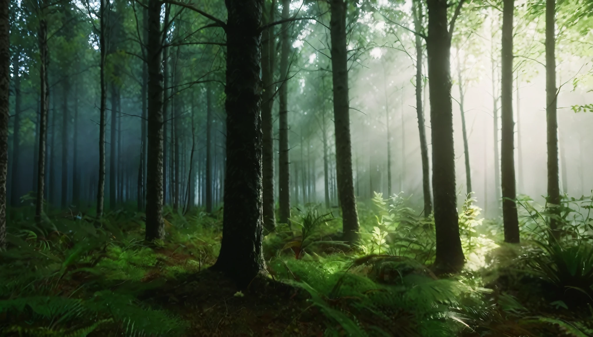 Hyper-realistic cinematic photographic patterns, realistic photo, lighting and ultra-detailed image. A serene forest scene with plants and animals in perfect harmony, under a sky divided between day and night. Widescreen format with 4K resolution.
