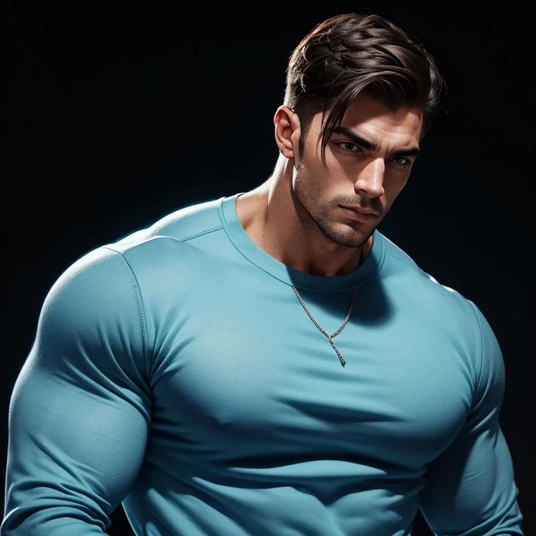 a very handsome, massively muscular man, with massively muscular body, wearing a simple light blue sweatshirt, on a black background