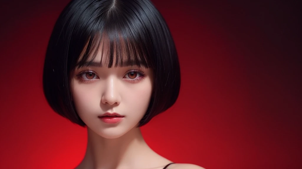 Delicate and dainty young woman with shiny bob-cut black hair . She is wearing bright red. The background is a fantastic and ethereal night sky that seems to be haunted by a specter. Her expression is stern and atmospheric. Angle from directly below. face closeup