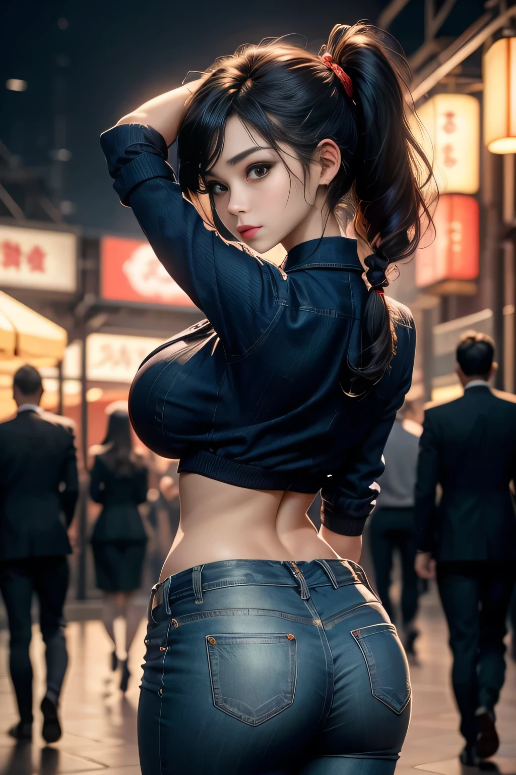 sfw, High resolution, Photo details of beautiful women_Face, Young handsome girl,Realistic:0.5, Perfect Skin, , ((from behind:1.5)), (hyper detailed background, Detailed background), Bokeh, make happy expressions, Happy emotions, Gorgeous,pure, beautiful detailed face and eyes,breasts, (Black eyes:1.1), (Very pretty and beautiful Japan woman), (Sexy Girl), (professional attire:1.3), (22 years old: 1.1), BREAK, (Nice costumes:1.2), (Detailed blue collar shirt:1.2), (Skinny denim pants:1.2), (Leather boots))), cleavage, Beautiful detailed skin, (Cute:1.2), (Black hair), ((JPOP Idol)), (upper thigh:0.6), (depth of fields),Soft light, Lensglow staring at the viewer, (drooping eyes:1.2), Straight teeth,Smile, Floating hair, (Black hair:1.2), Brown eyes break movie scenes, Cinematic, fulcolor, 4K, 8K, 16 K, Raw photo, masutepiece, professionally color graded, Professional Photography, High School Girl, Hair UP, , soft clean focus, Realistic lighting and shading, (an extremely delicate and beautiful art)1.3, Elegant,Active Angle,Dynamism Pose Break (Ponytail:1.3), (shiny black fine hair:1.2), Bangs, dark brown eyes, Beautiful eyes, Princess Eyes, (Big eyes:1.3), Bangs, wears glasses:1.3, hair between eye, Short hair:1.3, (slender:1.1), (medium breasts:0.95), (thin waist: 1.15), (Detailed beautiful girl: 1.4), Parted lips, Red lips, Full makeup face, (Shiny skin), ((Perfect female body)), (Upper body image:1.3), Perfect Anatomy, Perfect proportions, (The faces of the most beautiful Korean actresses:1.3, Very cute and beautiful Japan actress face:1.3), ,(blush:1.1), Gray background, Solo Focus, (bustshot:1.2), Cinematic Light, (Nostalgic night view:1.4), (amusement park:1.4), (merry-go-round、the Ferris wheel、rollercoaster), (Raise your arms behind your head :1.4), (Looking at Viewer:1.2, wearing bra,((skinny waist)), young asian girl, ((big breasted)),