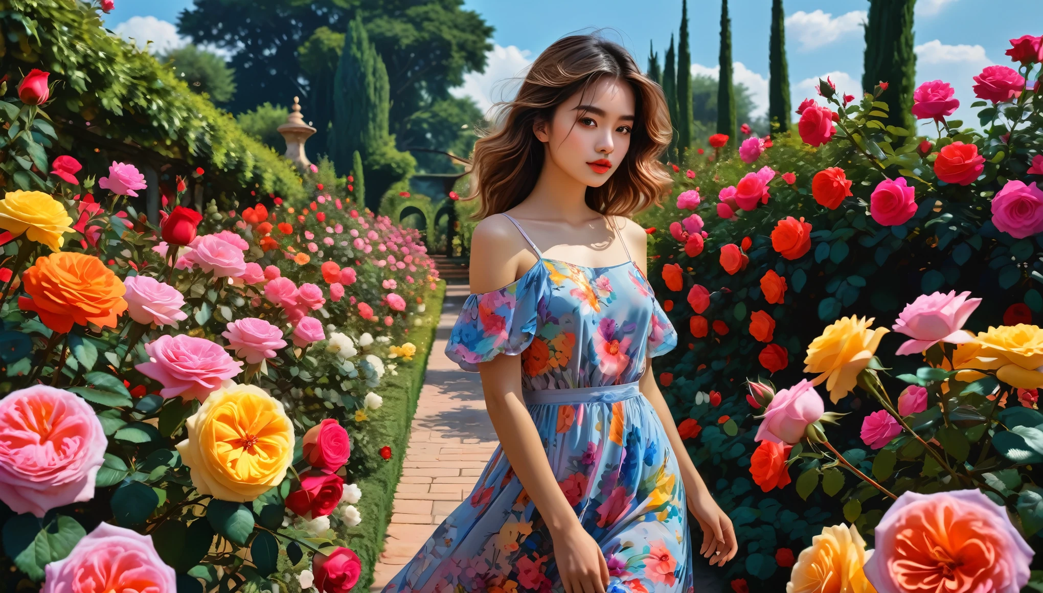 (Very detailed), (masterpiece, Highest quality, Highest quality, Official Art, beautifully、aesthetic:1.2), (One girl:1.3), Very detailed,(colorful:1.1)(Flowers:1.3),Most detailed, (Dynamic pose), (Abstract background:1.3),  (Many colors:1.4),  Rose garden,
