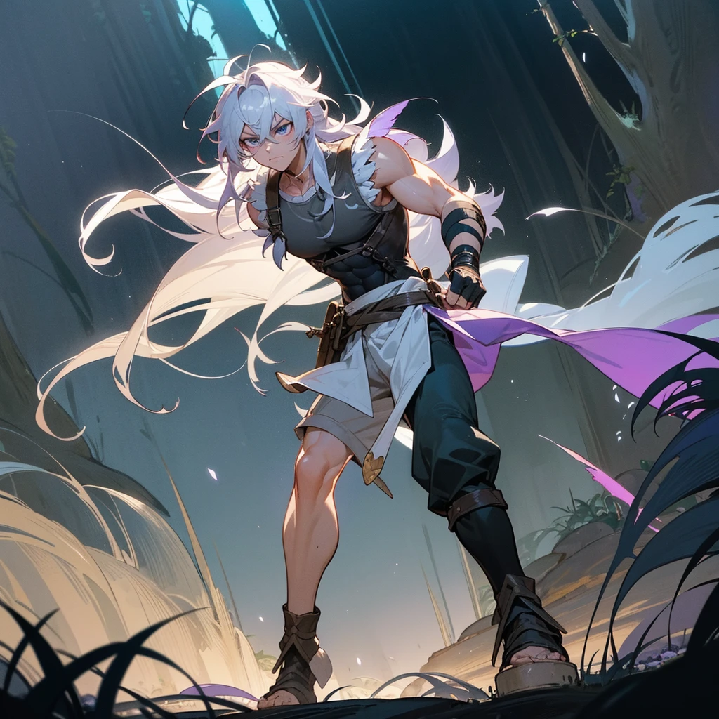 1male, muscular, young teen, finely detailed lavander eyes, wild long hair, messy hair, seashell white color hair, adventurer gear, sleeveless shirt, baggy combat pants, night time, dark forest, somber expression, angry, flowers, standing on path, lanturns, black armband, cut over eyebrow