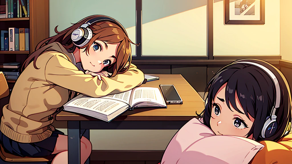 a video of a cute girl studying while studying in her room desk with a book and a notebook while listening music with headphones on