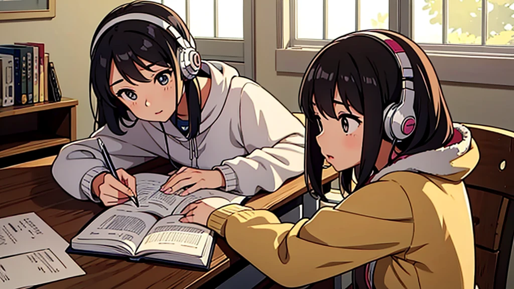 a video of a cute girl studying while studying in her room desk with a book and a notebook while listening music with headphones on