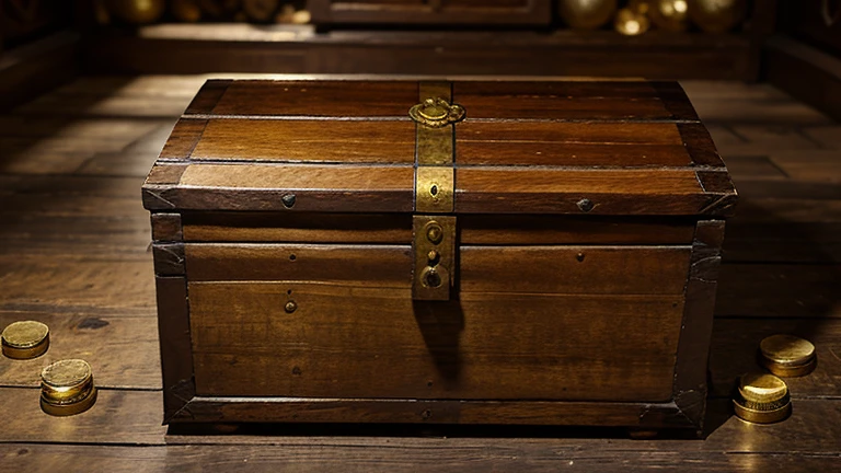 large 18th century wooden chest with gold coins, 18th century treasure, Caribbean grotto background,