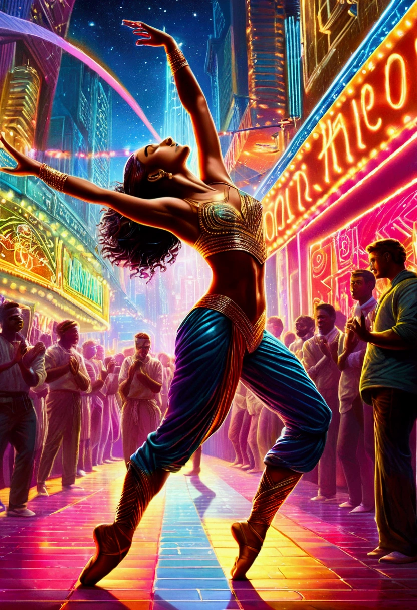 Dancer, dancing, by dan mumford, full body, cinematic still, (best quality, masterpiece, photorealistic), very aesthetic, perfect composition, intricate details, ultra-detailed, vivid colors