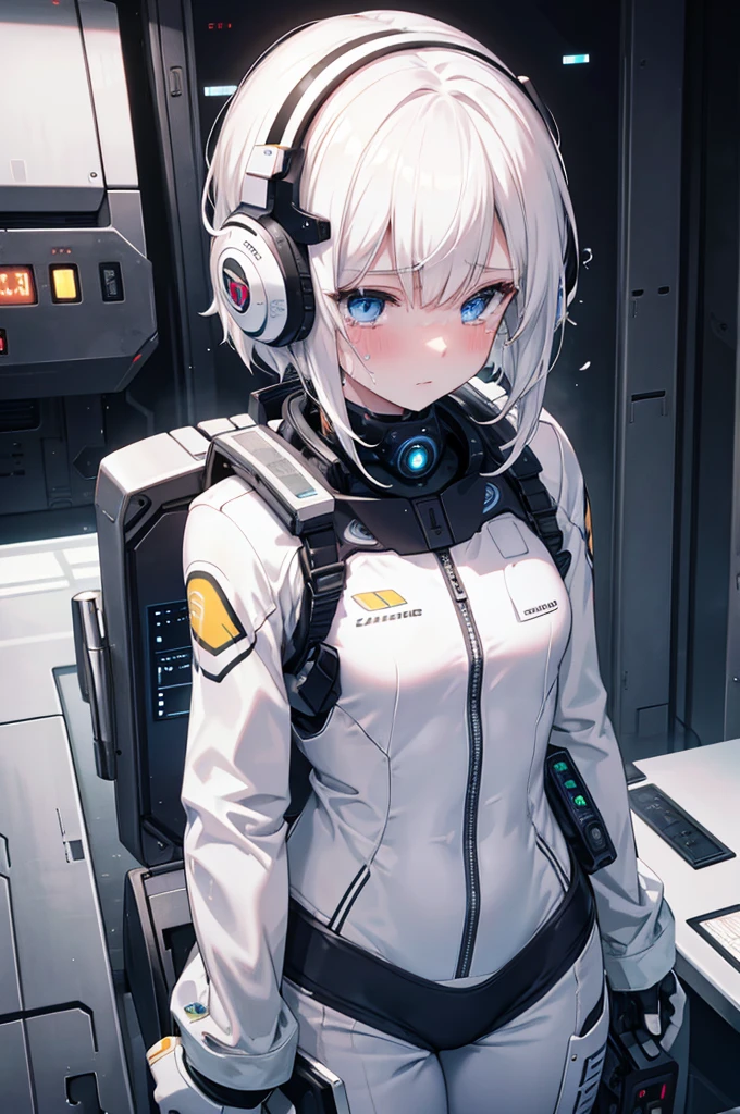white skin, sad tears, sweat, android, operator suit, operator, cockpit, perfect anatomy, cg, girl, solo, teenage