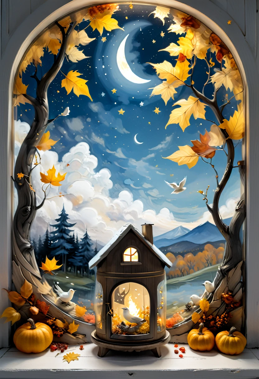 A surrealistic scene inside a jar. At the top, a crescent moon lights up the night sky, with a flock of white birds flying around it. Inside the jar is a cozy wooden house with a lighted window, situated next to a majestic tree with golden-yellow leaves. A bear sits contemplatively by a roaring fireplace and some autumn leaves flutter nearby. White background centered with the entire scenery is wrapped in a serene blue tone, creating a dreamlike atmosphere.