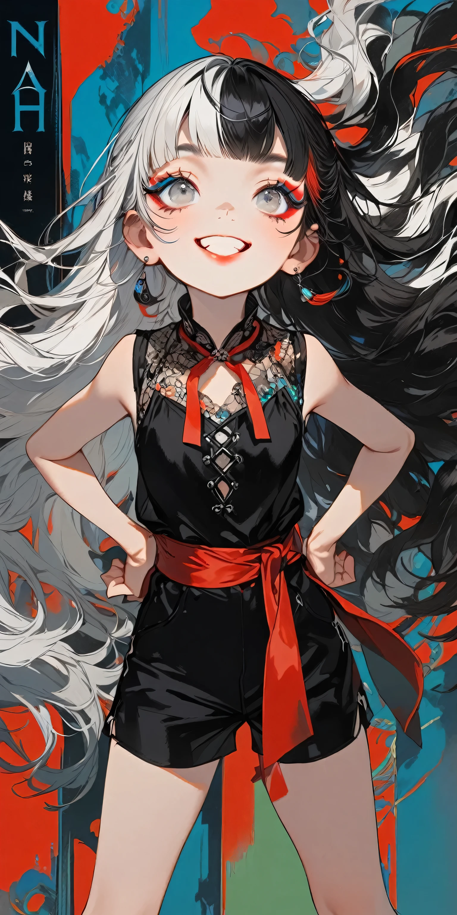 1girl, solo, smile, standing with legs spread apart, hands on hips, flat chest, upper body bent forward, long hair, looking up, bangs, black hair, jewelry, full body, white hair, multicolored hair, earrings, black laced blouse, sleeveless, red bow tie, black short pants, blunt bangs, (two-tone hair), grey eyes, sash, makeup, eyeshadow, (split-color hair), portfolio, portrait, album cover