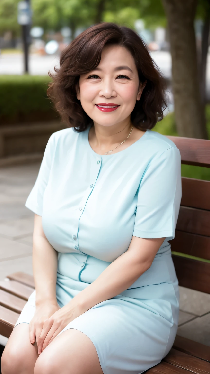 sitting on a park bench, Wrinkles around the eyes, Smiling with teeth showing, Plain short-sleeved clothing, senior citizen, Draw lips correctly, Red lipstick, No discomfort, 16K, Highest quality, Very detailed, Realistic, Very detailed肌, Japanese, alone, 60 years old, Large Breasts, , Glamour, sexy, , Staring straight ahead,