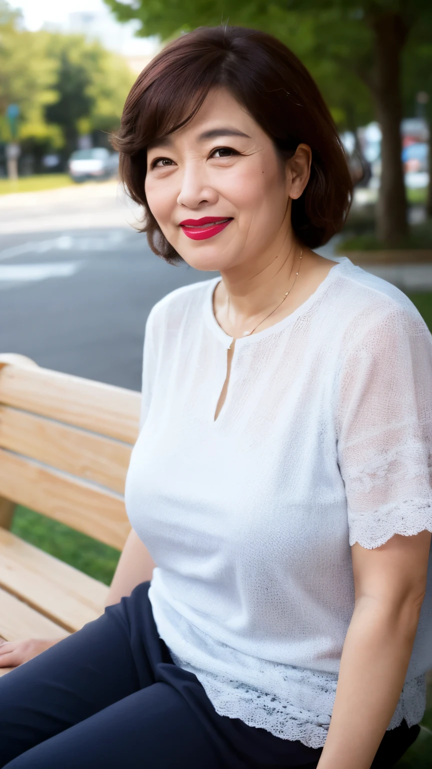 sitting on a park bench, Wrinkles around the eyes, Smiling with teeth showing, Plain short-sleeved clothing, senior citizen, Draw lips correctly, Red lipstick, No discomfort, 16K, Highest quality, Very detailed, Realistic, Very detailed肌, Japanese, alone, 60 years old, Large Breasts, , Glamour, sexy, , Staring straight ahead,