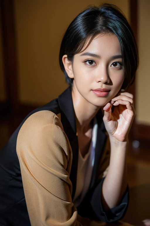 best quality, Ultra high resolution, (realistic:1.4),sunset light, ponytail, korean woman, Detail Pictures, smile, sexy, black shirt, Camera facing, close up (Masterpiece: 1.3), (8ก, realistic, best quality: 1.4), (1 girl), Beautiful face, (realistic face), (black hair, short hair: 1.3), beautiful hairstyle, realistic eyes, beautiful eye details, (realistic skin), Beautiful skin, (coat), nonsense, charming, Ultra high resolution, ultra realistic, high definition, golden ratio