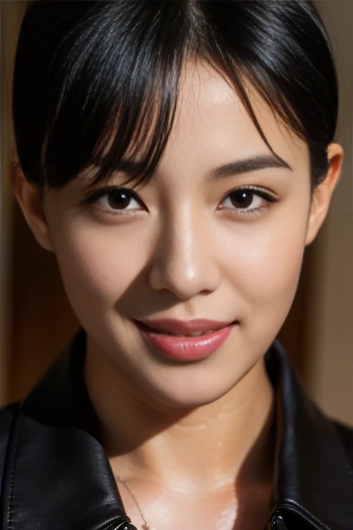 best quality, Ultra high resolution, (realistic:1.4),sunset light, ponytail, korean woman, Detail Pictures, smile, sexy, black shirt, Camera facing, close up (Masterpiece: 1.3), (8ก, realistic, best quality: 1.4), (1 girl), Beautiful face, (realistic face), (black hair, short hair: 1.3), beautiful hairstyle, realistic eyes, beautiful eye details, (realistic skin), Beautiful skin, (coat), nonsense, charming, Ultra high resolution, ultra realistic, high definition, golden ratio