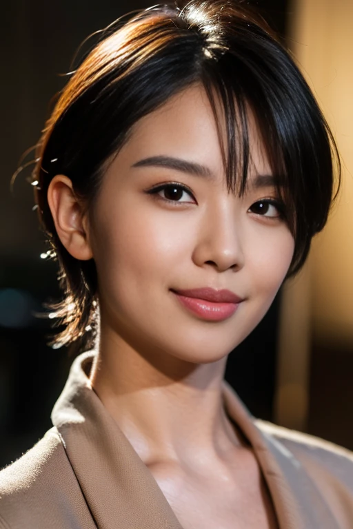 best quality, Ultra high resolution, (realistic:1.4),sunset light, ponytail, korean woman, Detail Pictures, smile, sexy, black shirt, Camera facing, close up (Masterpiece: 1.3), (8ก, realistic, best quality: 1.4), (1 girl), Beautiful face, (realistic face), (black hair, short hair: 1.3), beautiful hairstyle, realistic eyes, beautiful eye details, (realistic skin), Beautiful skin, (coat), nonsense, charming, Ultra high resolution, ultra realistic, high definition, golden ratio