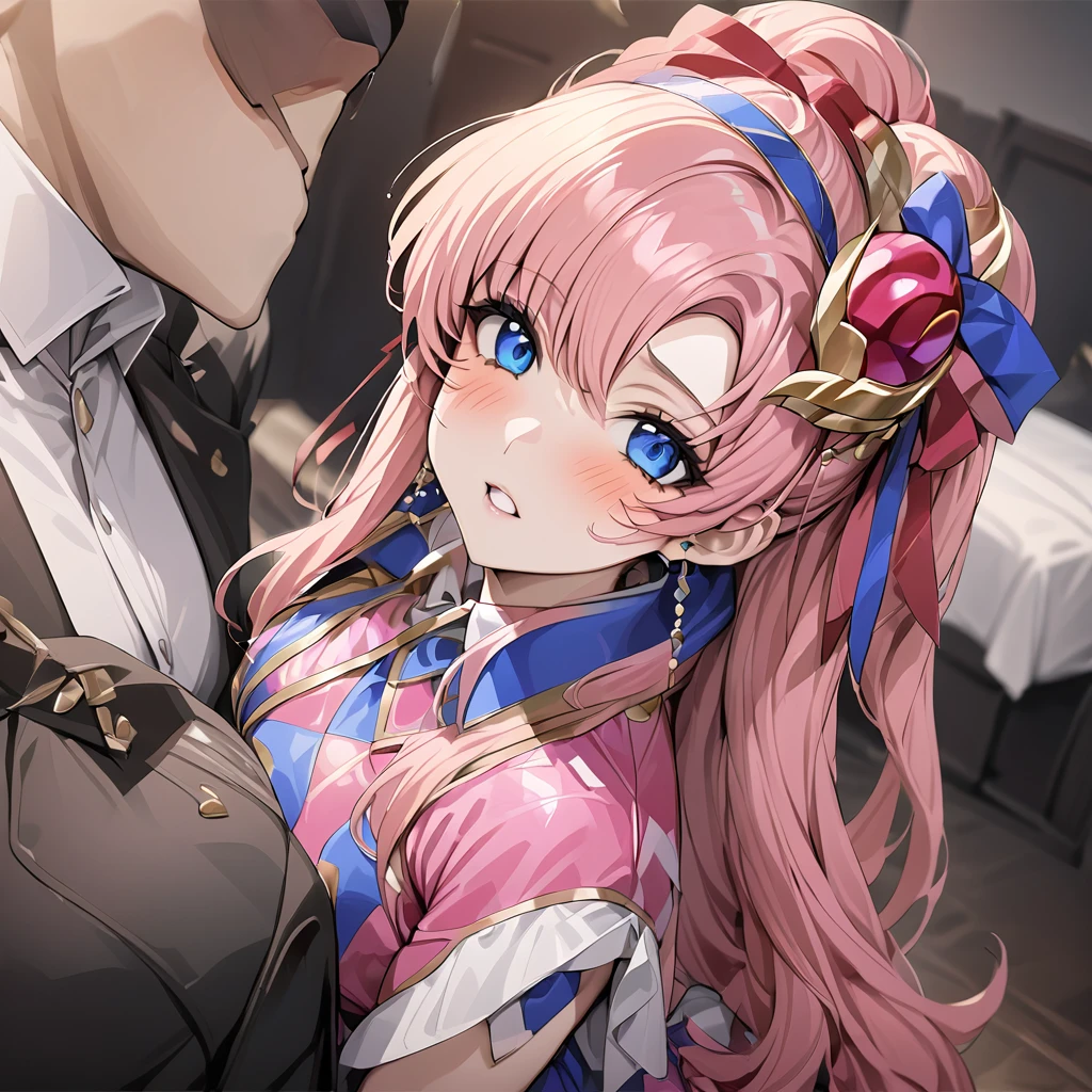 ((Highest quality)), ((masterpiece)), (detailed), （Perfect Face）、The woman is Lacus Clyne, a mafia girl with blue eyes, medium-long pink hair, flashy clothes and luxurious accessories.、She is being held close by the mafia boss