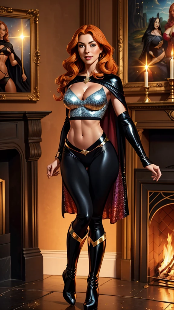 Vanessa Kirby, medium sized breasts, toned body, ((long flowing ginger hairstyle)), ((fair skin)), deep cleavage, naked, facing camera, pelvic mound, ((sparkly black spandex mini crop top and thong)), ((black cape with a ruby clasp)), knee high boots, deep cleavage, standing in a mansions den, fireplace, renaissance art paintings, smile