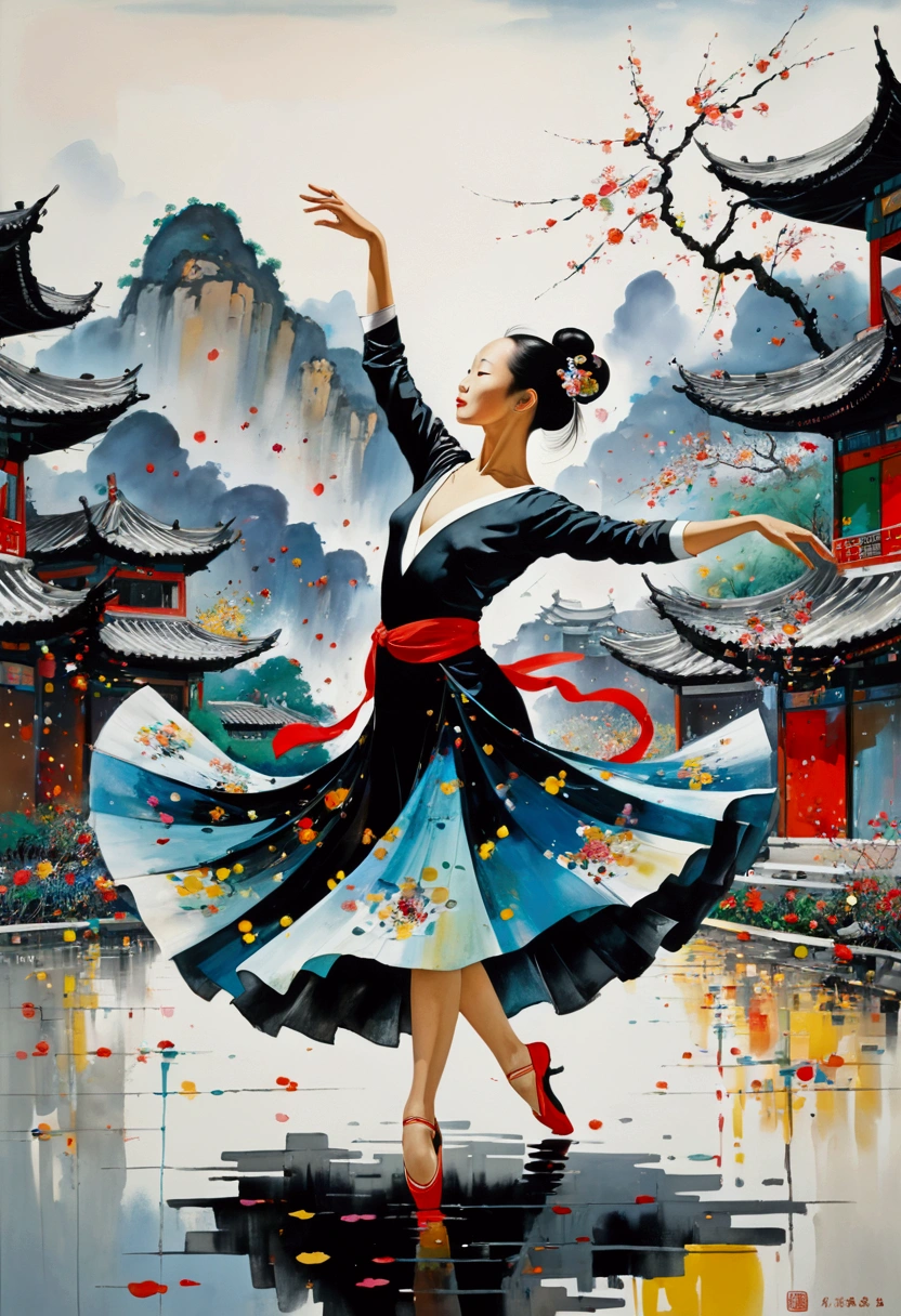 Dancer, dancing, by Wu Guanzhong, full body, cinematic still, (best quality, masterpiece, photorealistic), very aesthetic, perfect composition, intricate details, ultra-detailed, vivid colors