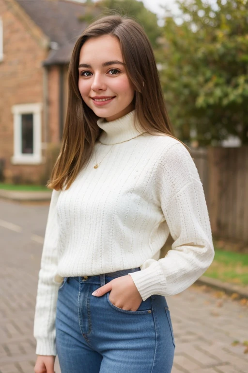 Beautiful brunette, female 20 years old, smiling, depth of field, standing in British village, nice weather, she wears a white turtle neck and blue denim jeans, (LORA connie 1)