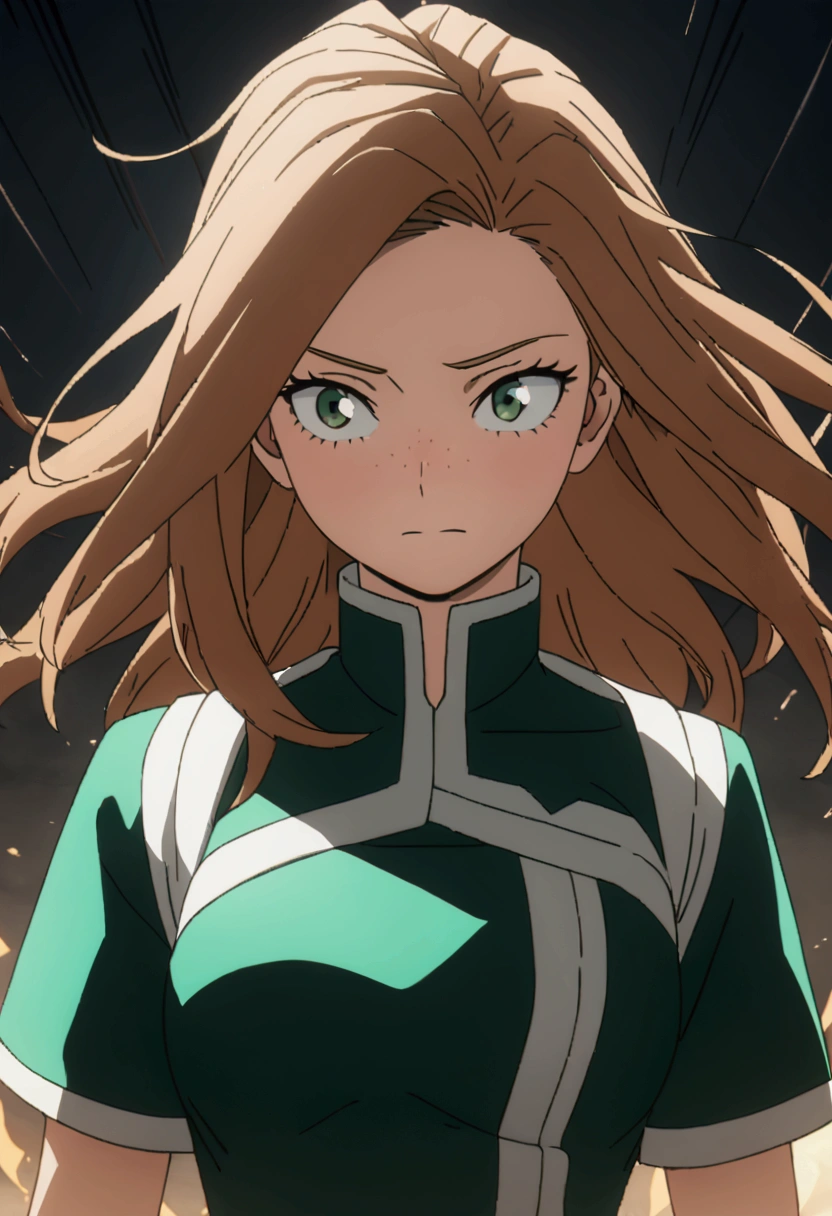 She is a 15 year old teenager, she has slightly disheveled long ginger hair, light brown eyes, with some freckles on the nose area  , fit body , anime art slyle my hero academy , , sexy face , she is dressed in the anime female uniform "my hero academia", , 8k, high quality, masterpiece, , cinematic, vivid colors, shining green eyes