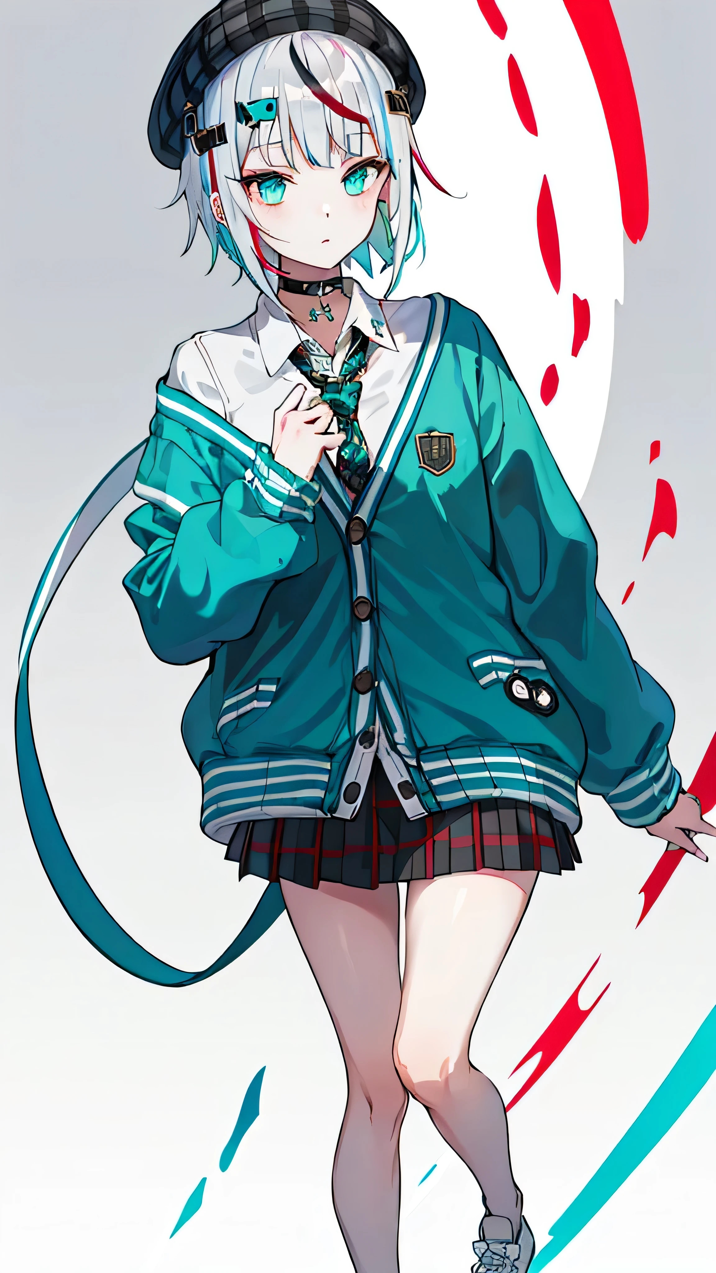 best quality, masterpiece, 1girl, solo, red gradient streaked hair, short hair, white hair, lily (wacca), black beret, plaid skirt, choker, cyan sweater jacket, collared shirt, black plaid necktie, sleeves past fingers, blunt bangs