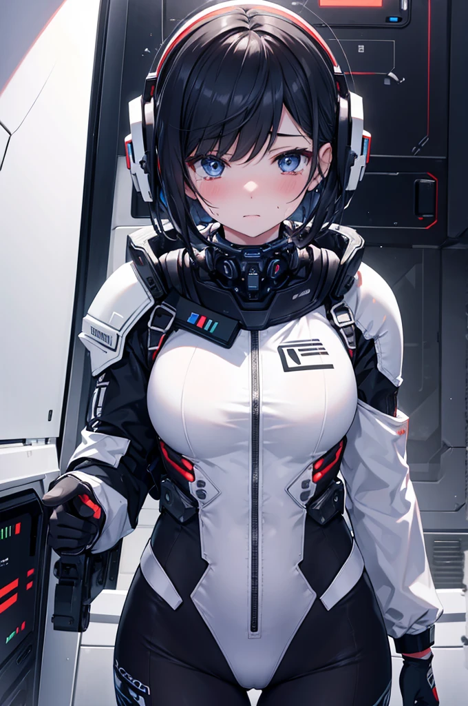 white skin, sad tears, sweat, android, operator suit, operator, cockpit, perfect anatomy, cg, girl, solo, age, sheet