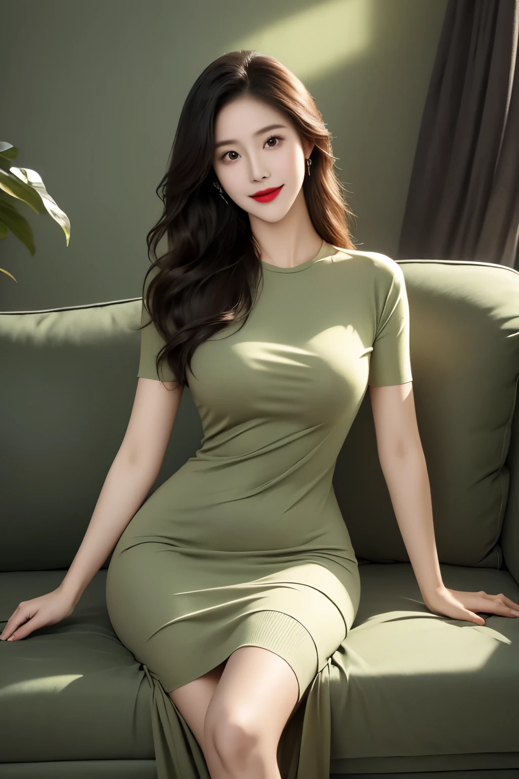 Draw lips correctly, red lipstick, from chest up, best quality, Super detailed, lifelike, Super fine skin, perfect anatomy, (1 Japanese Mature Woman), (alone)，Wearing a green crew neck sweater dress，long dress，short sleeve，wavy long hair，37-year-old female，Mature，charming smile，indoor background：Premium sofa、table，flower。Leg length，Chubby，Big breasts，stand up，full-body shot