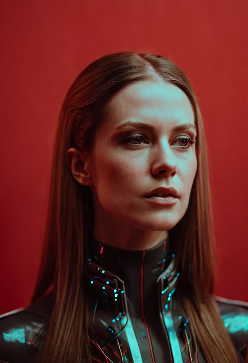 A beautiful ((evil slavic woman)), pale skin, long dark blond hair, with robotic features as a closeup shot of the face and neck, with circuitry on her skin, clean lines, minimal details, cyberpunk, portrayed in profile with a red background, futuristic design, in a 2D flat composition, red tones