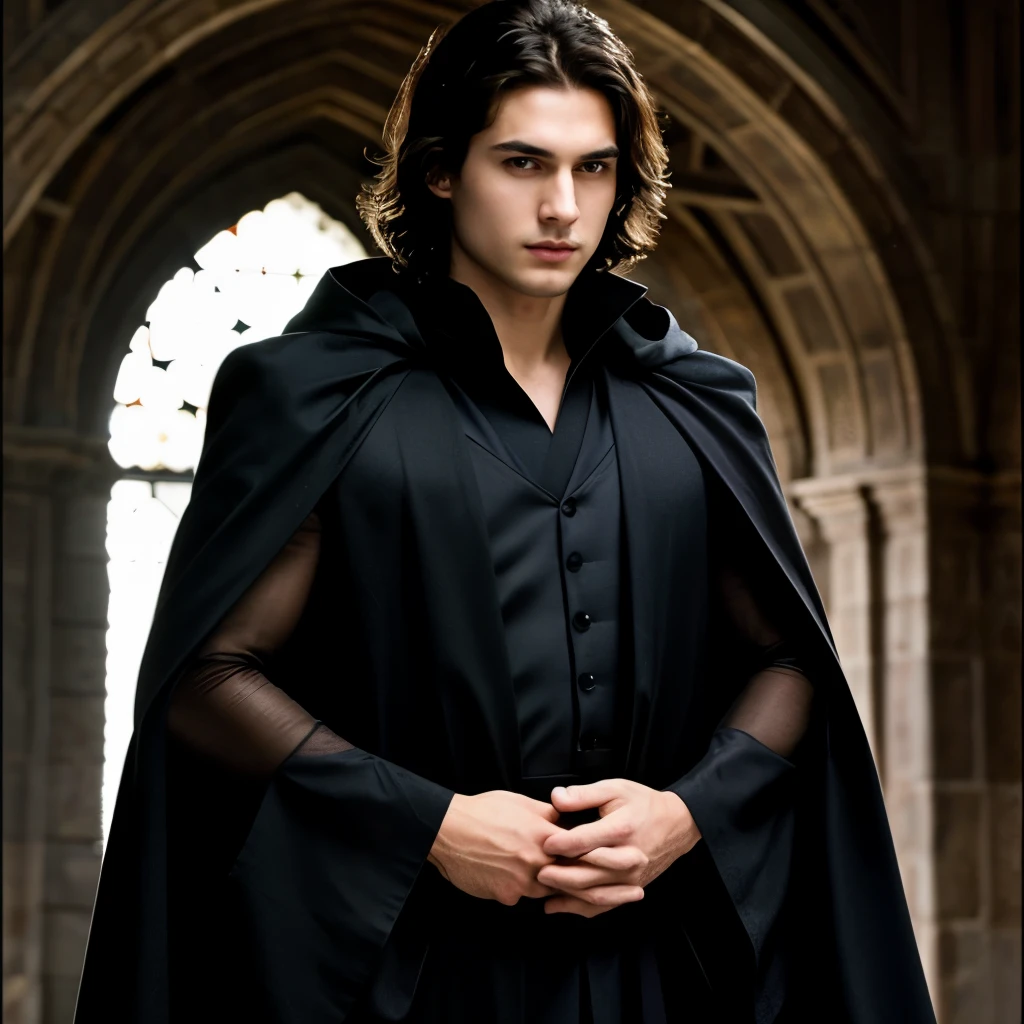 ((best quality)), ((masterpiece)), (detailed)), 1boy, shoulder-length brown hair, shaggy hair, fair skin, brown eyes. An upturned nose. An angular jawline. He wears a black cloak. His black sleeves contain dark gray cuffs. Underneath his black cloak is a white robe. He has clear skin. He has thin arched and dark eyebrows. He is very handsome. He is looking at the camera and has a stern expression on his face. Mean expression. Stern. Strict. Assertive. Handsome. Clothes. Clear skin. Handsome. Youthful. He has fair, white skin. Fantasy. A black cloak. White robe. Clear skin. Arched eyebrows. Extremely handsome. Shaggy brown hair. No hood. White skin, brown hair, brown eyes..