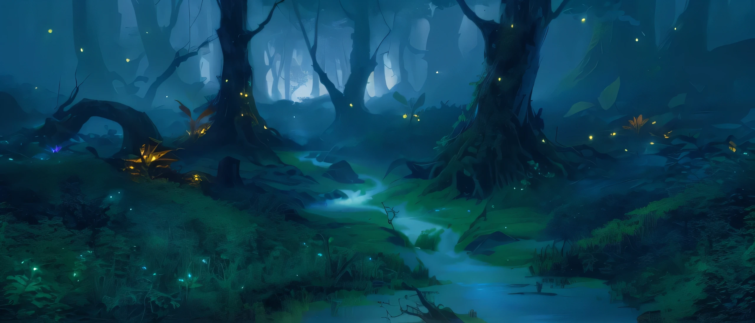 There is a stream flowing through a forest full of trees., background technologywork, Moonlight Forest Environment, Elf forest background, firefly forest at night, dark swamp, Swamp Forest, Fantasy forest environment, Swamp atmosphere, Dark Forest concept art, Quiet forest night scene, background technology, The Jungle BookLandscape, Night Forest, The Jungle Book, The background is the Enchanted Forest