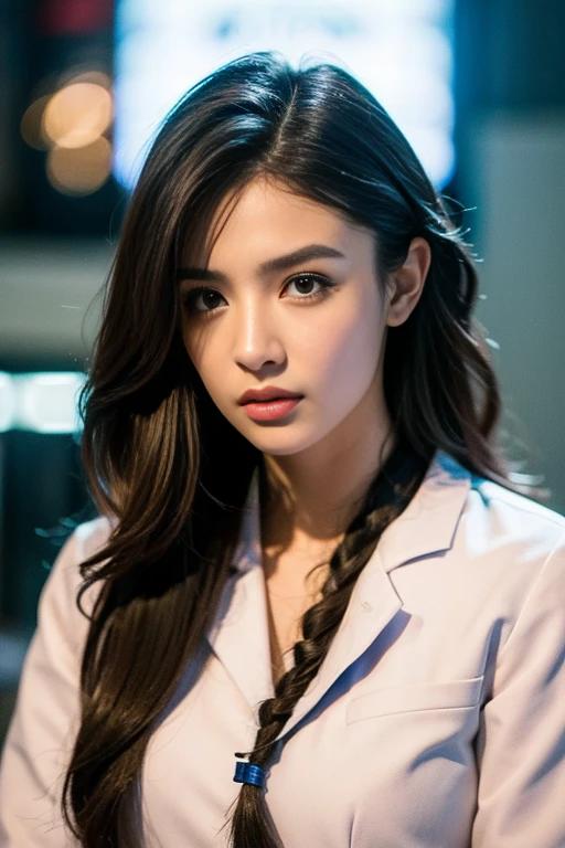 cyberpunk, 1 girl, Thin, Wear a cardiovascular technician uniform., (My eyes hurt.,  Spiral Hair:1.36), Pale lips, Various positions, serious,, (freckles:0.5), (dark mole:0.3), (dark spots, acnes, Skin flaws, age spot, fluffy:0.3),  from below , in (Dao Pratu Chai:1.4), , Trending on artstation,, spring,, evening,,  Natural Hand 2-3500  คุณภาพดีที่สุด, Beautiful and delicate lips, Delicate fingers, Detailed Pupils, illustration, Natural Hand 2-3500