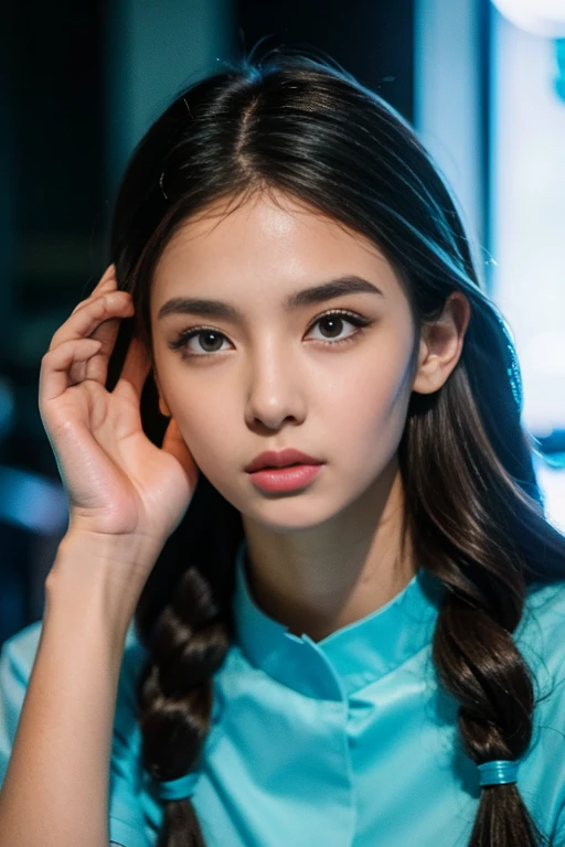 cyberpunk, 1 girl, Thin, Wear a cardiovascular technician uniform., (My eyes hurt., Spiral Hair:1.36), Pale lips, Various positions, serious,, (freckles:0.5), (dark mole:0.3), (dark spots, acnes, Skin flaws, age spot, fluffy:0.3), from below , in (Dao Pratu Chai:1.4), , Trending on artstation,, spring,, evening,, Natural Hand 2-3500 คุณภาพดีที่สุด, Beautiful and delicate lips, Delicate fingers, Detailed Pupils, illustration, Natural Hand 2-3500